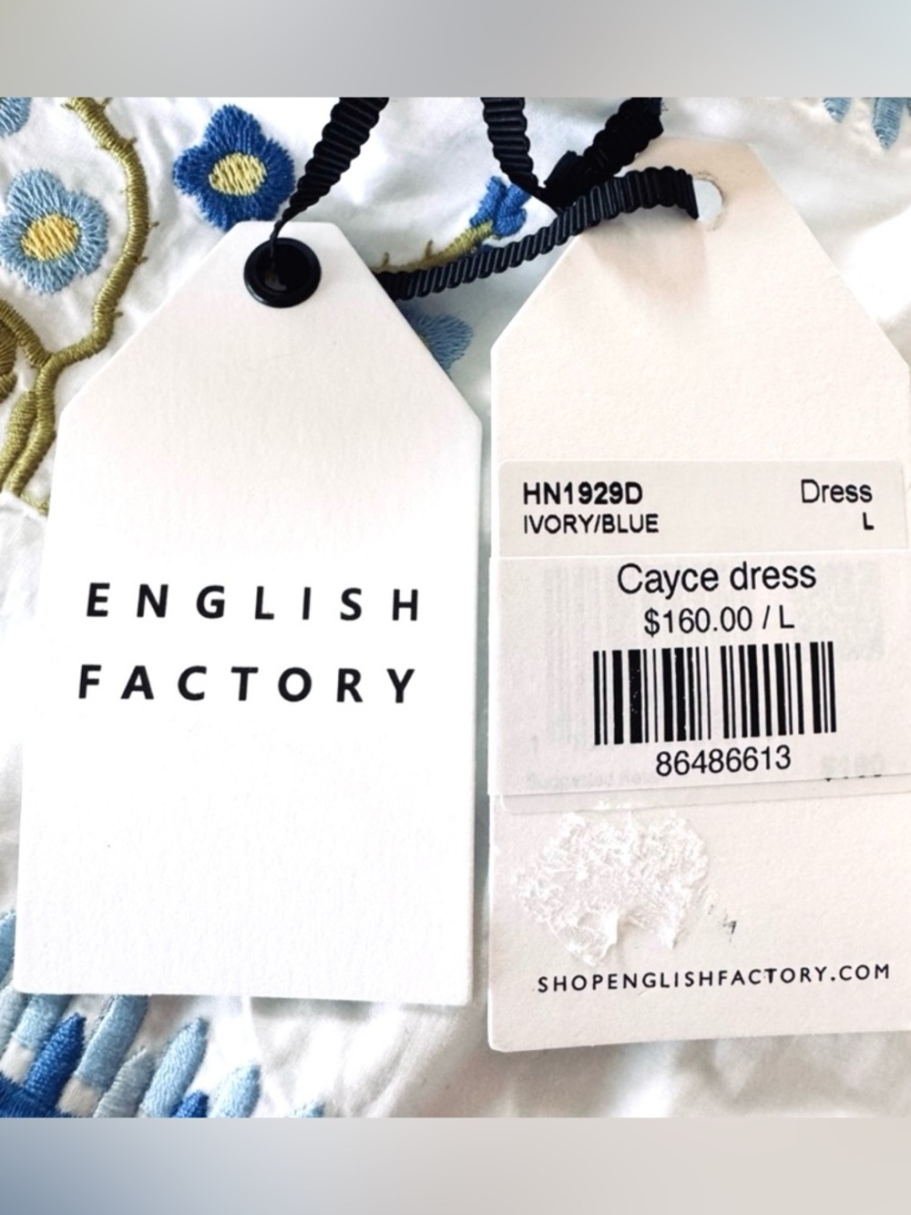 English Factory Cayce Embroidered Cotton Midi Dress Ivory Blue Tiered NWT Large - Picture 8 of 10